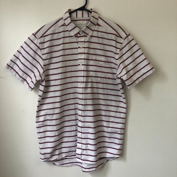 SATURDAYS Surf NYC Men Button Down Short Sleeve Shirt Red Stripes Size XL Cotton - Picture 2 of 6